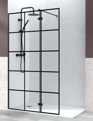 Mampara abatible de ducha negra modelo de cuadros ON OFF