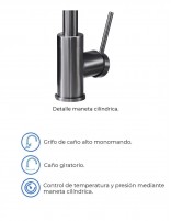 Grifo cocina caño curvo black gun metal modelo Loira de Imex especificaciones