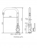 Grifo cocina caño curvo black gun metal modelo Loira de Imex croquis