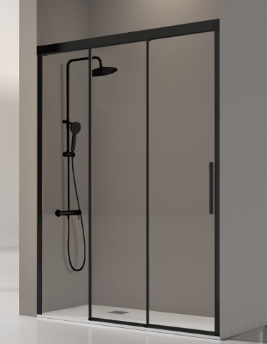 Mampara de ducha negra un fijo y dos puertas correderas modelo Fénix de Kassandra