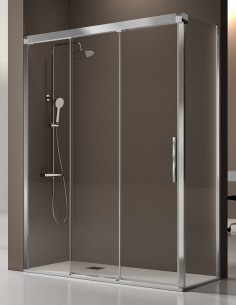 Mampara de ducha frontal fijo y dos hojas correderas + lateral fijo modelo Fénix de Kassandra