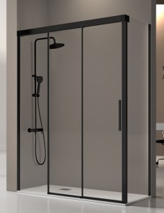 Mampara de ducha negra frontal fijo y correderas + lateral fijo modelo Fénix de Kassandra