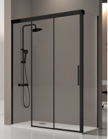 Mampara de ducha negra frontal fijo y correderas + lateral fijo modelo Fénix de Kassandra