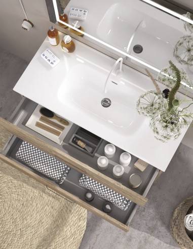 Mueble baño 2 cajones suspendidos detalle lavabo y cajones
