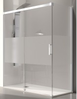 Mampara blanca corredera + lateral fijo decorado