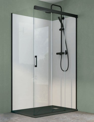 Mampara ducha fijo y correderas + lateral fijo negra modelo Miño de Bathplus