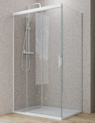 Mampara ducha fijo y correderas + lateral fijo blanca modelo Miño de Bathplus