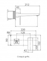 Grifo de lavabo empotrado cuadrado croquis