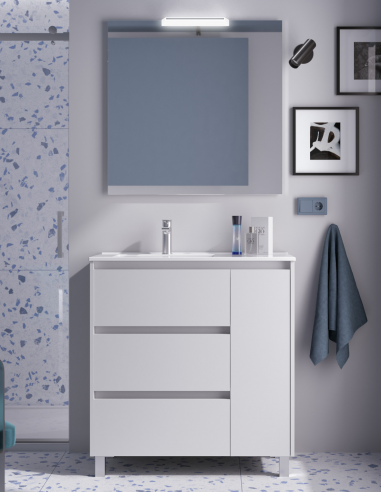 Mueble baño 3 cajones y puerta white satin