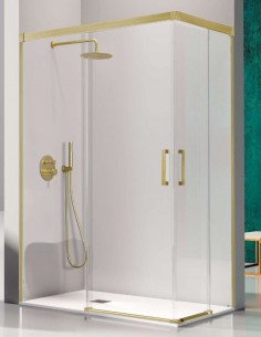Mampara de ducha en ángulo dorada modelo Glasé 2 fijos y 2 correderas