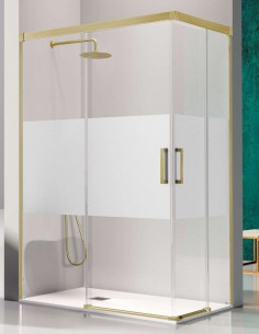 Mampara de ducha en ángulo dorada modelo Glasé 2 fijos y 2 correderas 2
