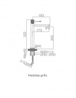 Grifería lavabo alto oro rosa cepillado modelo LINE de IMEX medidas