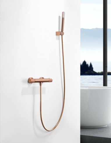 Grifería oro rosa cepillado para ducha termostática modelo Line de Imex