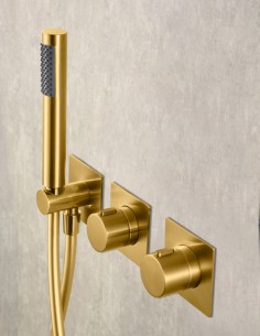 Conjunto ducha oro u oro rosa empotrada termostática modelo TIBET de Imex. 2