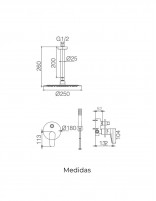 Conjunto de ducha negro mate empotrado a techo modelo BRUSELAS de Imex medidas.