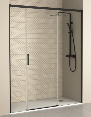 Mampara de ducha negra mate con puerta corredera central modelo Yaiza