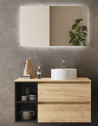 Muebles baño 2 cajones + 2 huecos roble negro sobre encimera