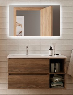 Mueble baño 2 cajones + 2 huecos Nogal sobre repisa 2