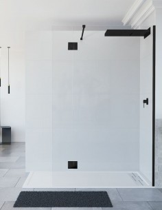 Mampara negra de ducha fija puerta abatible modelo LIBO frontal libre de Seviban