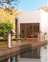 Cascada de piscina rosa coral ambiente