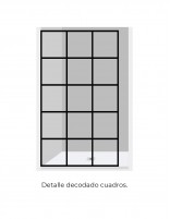 Mampara abatible de ducha negra detalle decorado cuadros