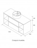 Mueble baño 2 cajones + 2 huecos nogal croquis sobre encimera