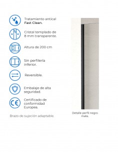 Mampara fija Becrisa Manhattan - perfil negro mate vidrio 8 mm 2