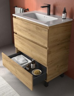 Mueble baño 3 cajones modelo con patas y lavabo encastrado BEQUIA de Salgar 2