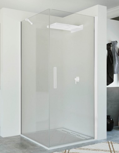 Mampara blanca angular fijo más abatible modelo AMINA de Seviban