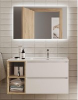 Mueble baño 2 cajones + 2 huecos blanco - roble