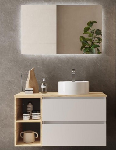 Mueble baño 2 cajones + 2 huecos blanco roble sobre encimera