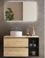 Mueble baño 2 cajones + 2 huecos roble - negro sobre encimera