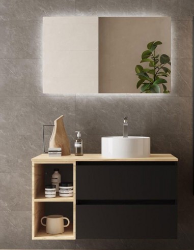 Mueble baño 2 cajones + 2 huecos negro roble sobre encimera