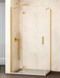 Mampara dorada abatible y fijo frontal + lateral fijo modelo GLASS de GME