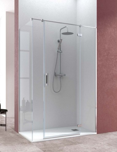 Mampara de ducha angular cromo - 1 puerta + 2 fijos + 1 fijo lateral de Becrisa
