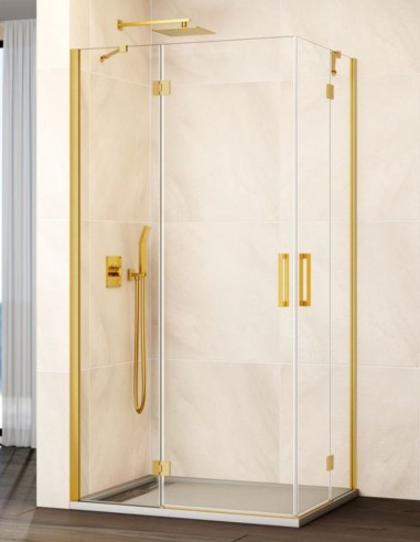 Mampara angular abatible dorada modelo GLASS de GME