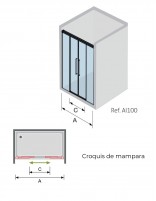 Croquis Mampara frontal oro cepillado 2 fijos y 2 puertas correderas - PAVIA de Kassandra