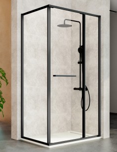 Mampara de ducha frontal negro - 1 puerta orientable + 1 fijo + 1 fijo lateral ÚNICA de Kassandra