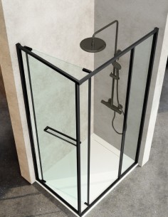 Mampara de ducha frontal negro - 1 puerta orientable + 1 fijo + 1 fijo lateral ÚNICA de Kassandra 2