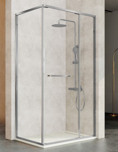 Mampara de ducha frontal cromo - 1 puerta orientable + 1 fijo + 1 fijo lateral ÚNICA de Kassandra