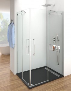 Mampara angular acero inox. modelo 2 fijos y 2 correderas VETRUM