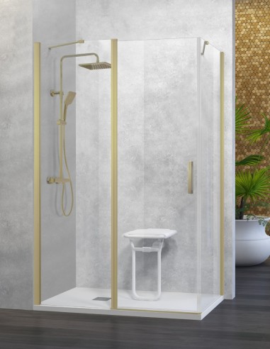 Mampara ducha angular - 1 fijo + 1 puerta abatible + 1 lateral fijo oro cepillado Nardi de Kassandra