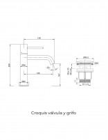 Croquis Pack Grifo de lavabo - oro/oro rosa cepillado Monza + Válvula click-clack de Imex