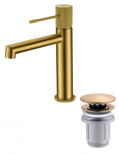 Pack Grifo de lavabo - oro cepillado/oro rosa cepillado Line + Válvula click-clack de Imex