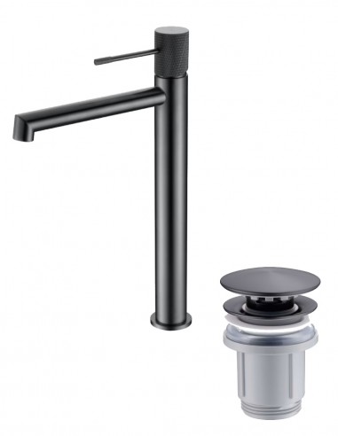 Pack Grifo de lavabo alto - negro/black gun metal Line + Válvula click-clack de Imex