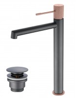 Pack Grifo de lavabo alto - gris champagne Line + Válvula click-clack de Imex