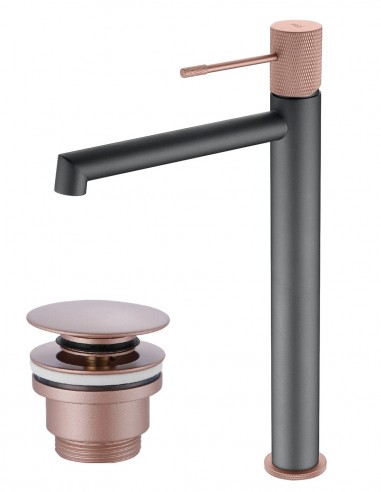 Pack Grifo de lavabo alto - gris champagne Line + Válvula click-clack de Imex