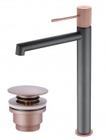 Pack Grifo de lavabo alto - gris champagne Line + Válvula click-clack de Imex