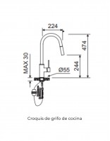 Croquis Grifo de cocina monomando extraíble - cromo BASS de Lluvibath