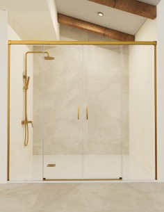 Mampara dos fijas y dos correderas oro cepillado modelo Stylo de SBX Mamparas Imex